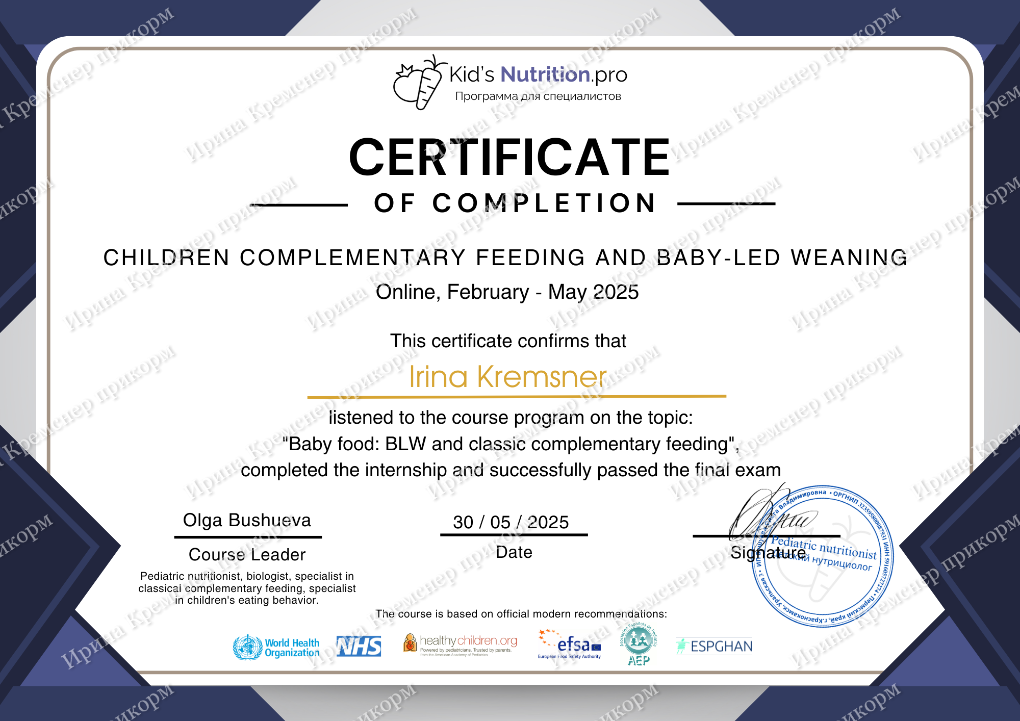 Bushueva Complementary Feeding Up to One Year